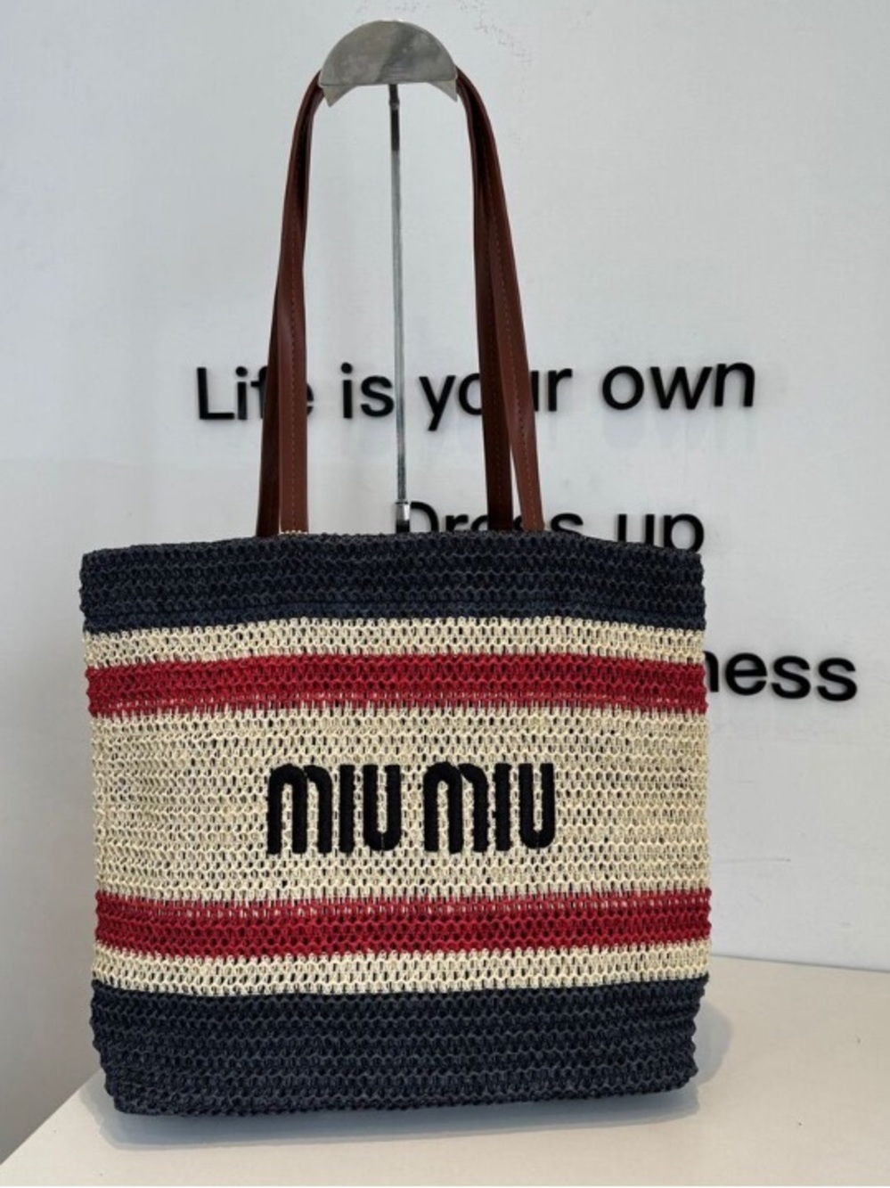 Miu Miu Navy, Cream & Red Striped Crochet Tote with Brown Leather Straps